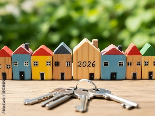 Mini wooden houses with keys symbolizing 2026 real estate market