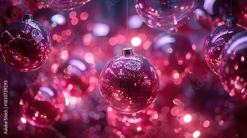 Sparkling pink and purple christmas ornaments with bokeh lights