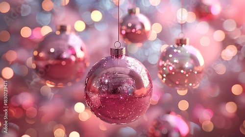 Sparkling pink christmas ornaments with soft bokeh lights