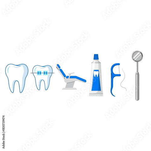 Depiction of comprehensive dental care implements and orthodontic treatments illustration