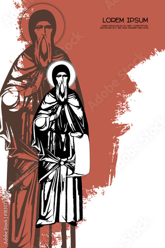 Religious vintage poster template with Saint Joanikije of Devic. Christian illustration in Byzantine style