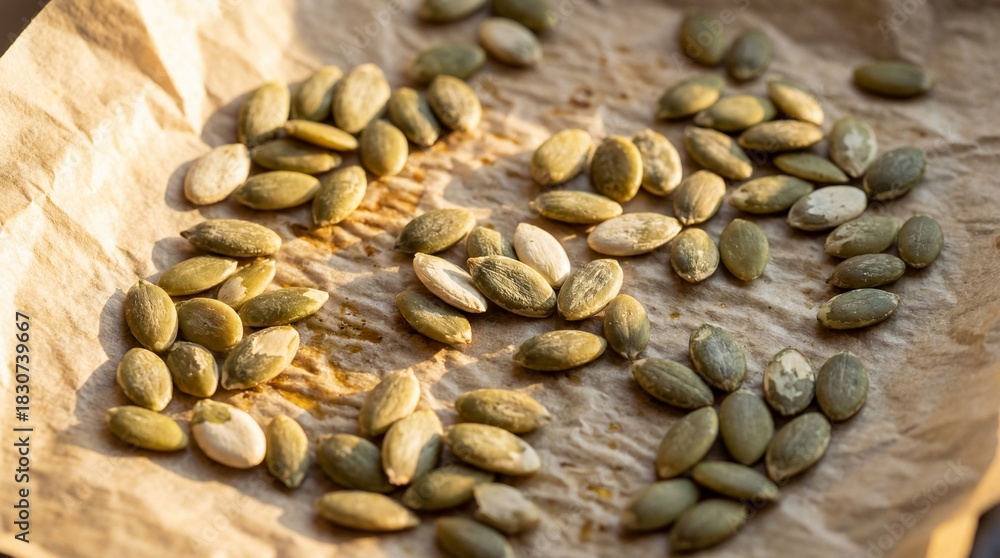 Obraz premium Macro Pumpkin Seeds on Brown Paper in Warm Light