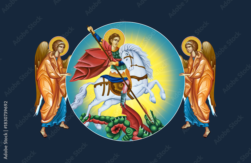 Fototapeta premium Saint George. Religious Christian illustration with angels in Byzantine style on deep blue background