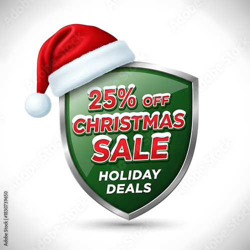 A 3D glossy badge in shield shape with Santa hat, featuring bold Christmas discount text, a clean white background, modern layout, and festive colors suitable for ecommerce promotions.