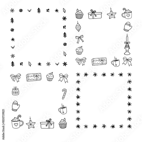 Square christmas frames set, vector Christmas frames with doodles