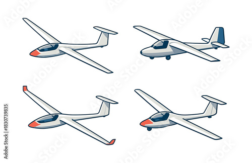 Glider and airplane designs, sleek aircraft, flat vector illustration