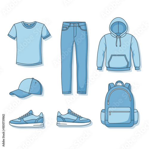 Arrangement of light blue clothing items showcasing essential wardrobe components for daily usage