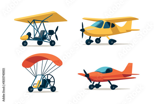 Light aircraft collection with small planes and ultralights, flat vector illustration