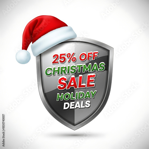 A 3D glossy badge in shield shape with Santa hat, featuring bold Christmas discount text, a clean white background, modern layout, and festive colors suitable for ecommerce promotions.