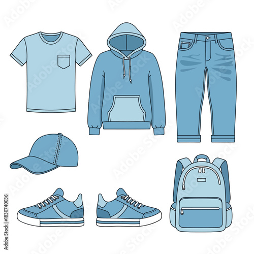 Blue monochrome apparel ensemble with casual aesthetics presenting everyday attire outlines