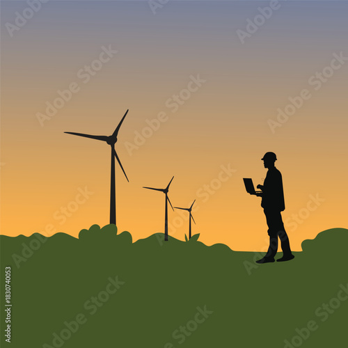 Green energy is harnessed by a wind turbine silhouette of engineer standing tall in the nature of a farm field against the blue sky at sunset vector illustration.