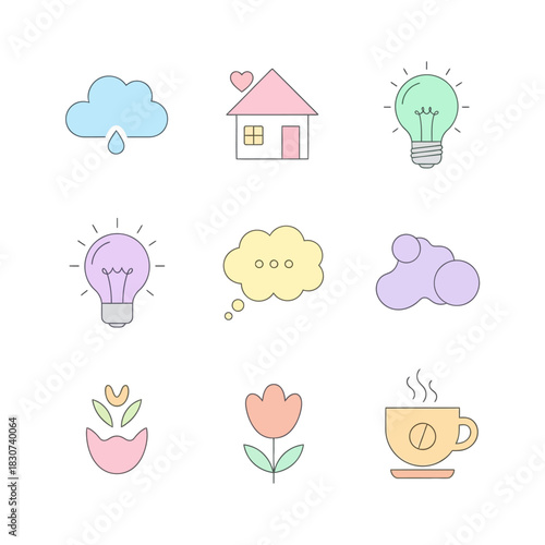 Minimalist pastel icons representing daily life elements and conceptual themes neatly arranged