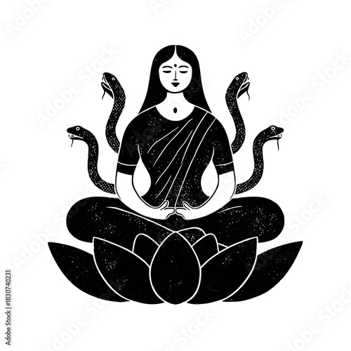Woman meditating with snakes illustration of serene figure in lotus position