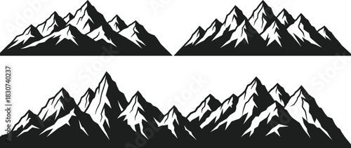 Mountain Peaks Vector Silhouette Set with Snow Caps for Adventure, Nature, Camping, Hiking, Outdoor Exploration, and Travel Logo Design.
