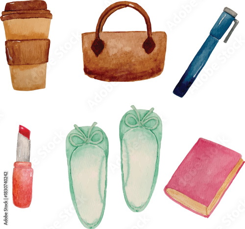 Essential items for outdoor hangout - coffe, pen, notebook, flats, bag and lipstick clipart watercolor