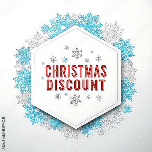 A snowflake pattern badge in hexagon shape with snowflakes, featuring bold Christmas discount text, a clean white background, modern layout, and festive colors suitable for ecommerce promotions.