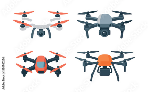 Drone designs collection, quadcopters and uavs, flat vector illustration