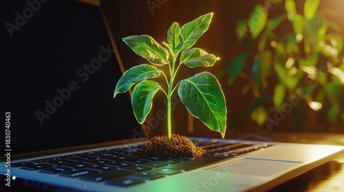 Green Plant Growing from Laptop Keyboard in Nature Technology Concept