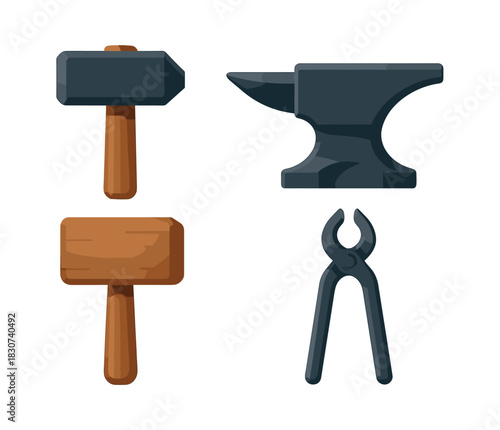 Blacksmith tools set, hammer, anvil, tongs, flat vector illustration
