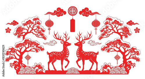 Elegant red deer amidst festive lanterns and clouds, a vibrant tribute to Lunar New Year celebrations and cultural richness, perfect for holiday designs