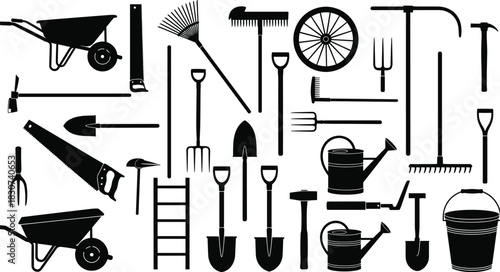 Set of black silhouette gardening and farming tools, including shovel, rake, wheelbarrow, watering can, and hoe, agriculture vector illustration pack.