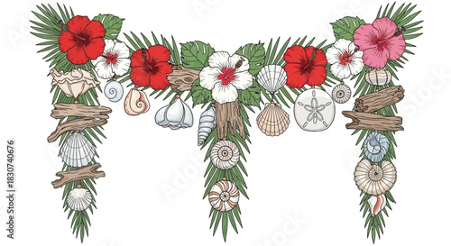Tropical hibiscus flowers and seashells create a stunning summer garland, perfect for invitations, cards, or adding a vibrant beachy touch to your designs