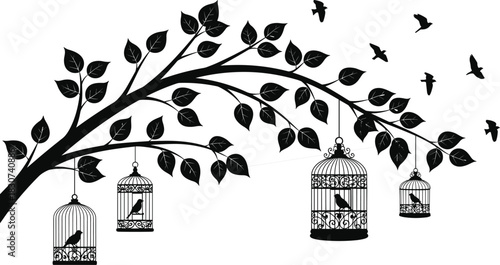 Silhouette of a tree branch with lush leaves, ornamental hanging birdcages, and flying birds, symbolizing nature, restriction, and freedom in a decorative monochrome vector illustration