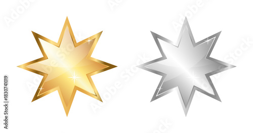 Gold and silver eight pointed star. Vector clipart. PNG and transparent background.