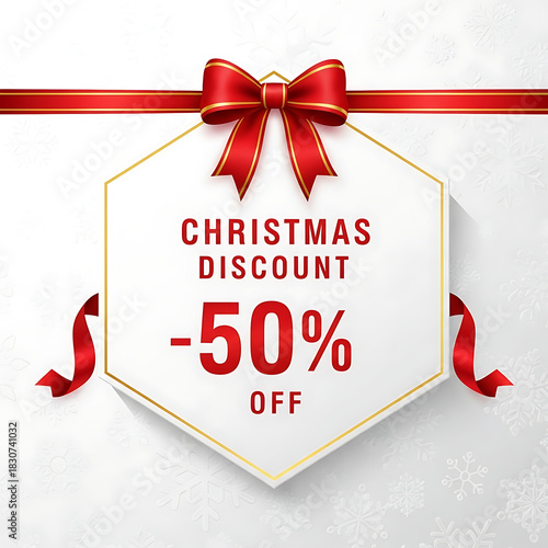 A snowy winter badge in hexagon shape with red bow, featuring bold Christmas discount text, a clean white background, modern layout, and festive colors suitable for ecommerce promotions.