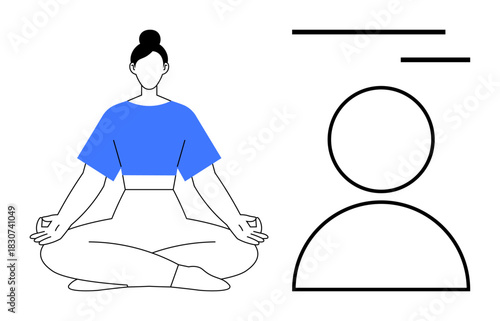 Woman sitting cross-legged in meditation with a modern profile icon. Ideal for wellness, mindfulness, digital identity, self-care, balance, calm, user interface. Clean flat metaphor