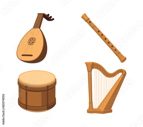 Musical instrument collection, flat vector illustration, lute, flute, drum, harp
