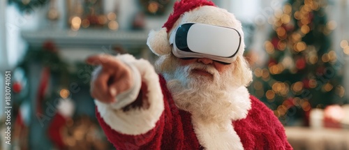 The Santa Claus Wearing Virtual Reality Headset Reaching Forward in Festive Living Room