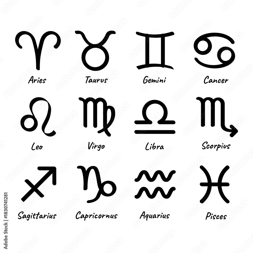 Obraz premium An illustration depicting a set of black zodiac sign icons on a white background