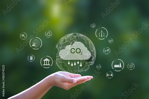 The carbon neutral concept reduces CO2 emissions, reducing global warming. Goal of net zero carbon emissions 2050	