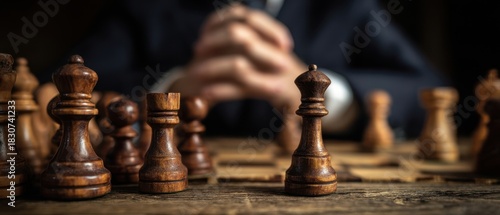 The Chess Pieces on Wooden Board with Focused Player Planning Strategy
