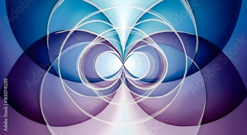 Futuristic abstract design featuring overlapping circles and symmetrical blue-purple gradients with a modern geometric aesthetic
