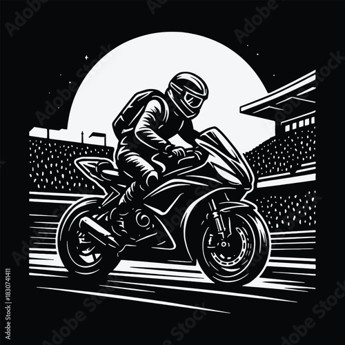 Dynamic black and white vector of a motorcycle racer speeding through a stadium track, illustrated in bold graphic style for sports posters, apparel prints, and action themes.