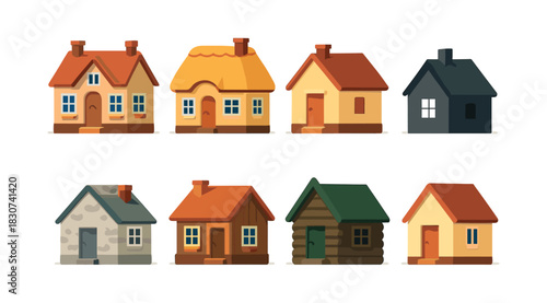 Cozy house collection, flat vector illustration of cartoon homes, cottages, cabins
