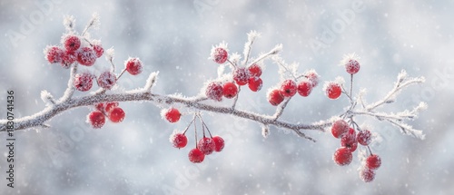 The frosted red berries on a delicate snow covered branch during gentle snowfall