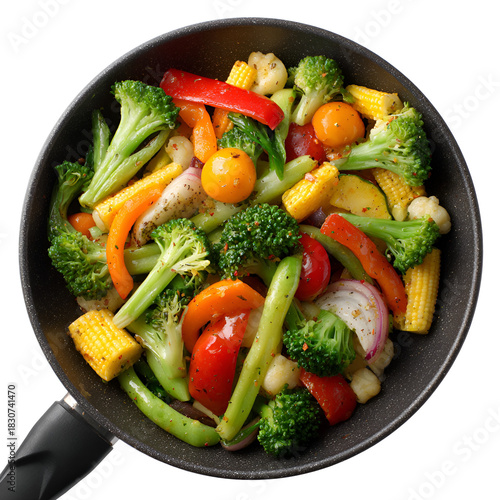 Fresh colorful mixed vegetables stir fried in a pan overhead view