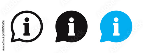 Information bubble icon set for help and support interfaces. Vector illustration of speech bubbles with 'i' letter in outline, solid, and blue styles.
