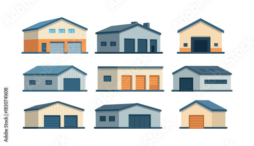 Garage building collection, home storage, architecture, flat vector illustration