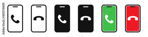 Smartphone call interface icon set. Vector illustration of mobile screens with accept, decline, and ongoing call symbols.