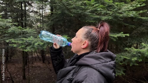 A profile close-up shot of a woman in dark outdoor clothes drinking water from a plastic bottle against a blurred, dark green forest background. The scene depicts hydration and outdoor activity.