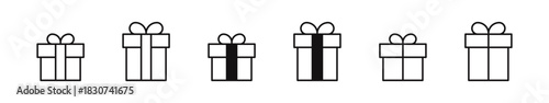 Gift box icon set representing presents and surprises. Vector illustration of boxes with ribbons in simple outline and solid black styles.