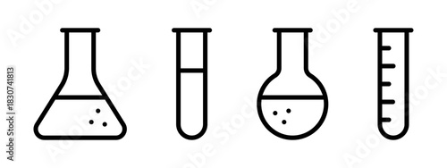 Laboratory equipment icon set including flasks and test tubes. Vector illustration of chemical glassware in outline style for science projects.