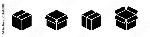 Isometric box icon set for packaging and logistics. Vector illustration of closed and open cubes in solid black style.
