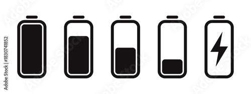 Set of power and battery status icons. Includes power buttons, battery levels full, low, charging.