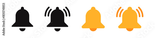 Bell icon set representing notifications and alarms for apps. Vector illustration of bells in outline, solid black, and yellow ringing styles.