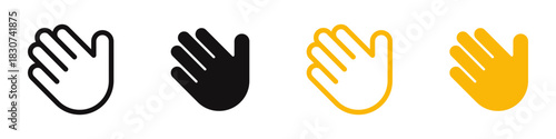 Waving hand icon set representing greetings or stopping. Vector illustration of open palms in outline, solid, and yellow styles.